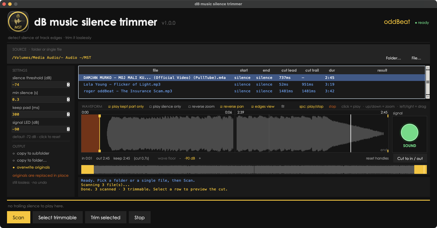 dB music silence trimmer app window